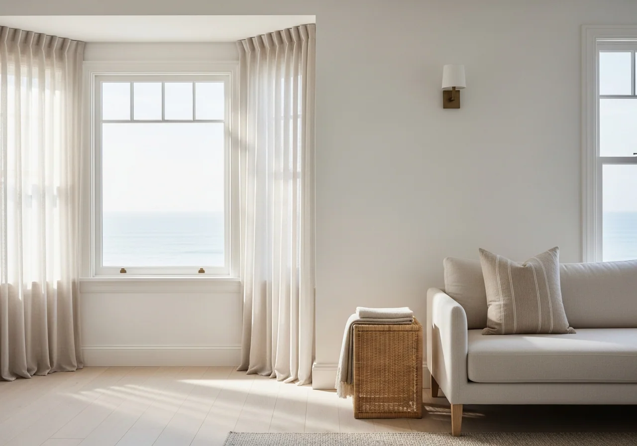A Hamptons-style coastal living space with sheer linen curtains, soft morning light, neutral cream sofa, pale timber floor, woven baskets and ceramics — the considered home behind Drift & Dwell Designs.