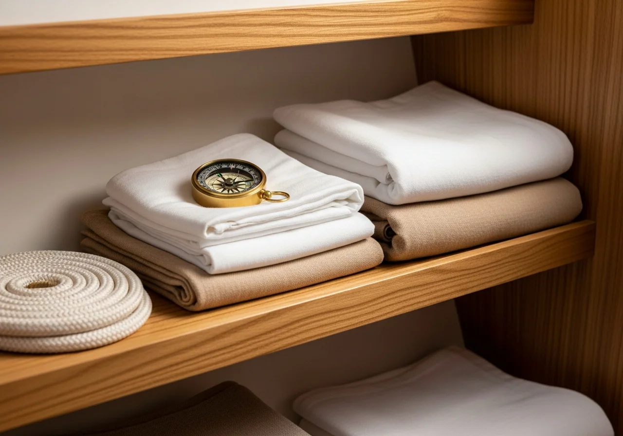 A small boat cabin storage shelf with neatly folded white and oatmeal linens, a brass compass and a coiled cream rope.