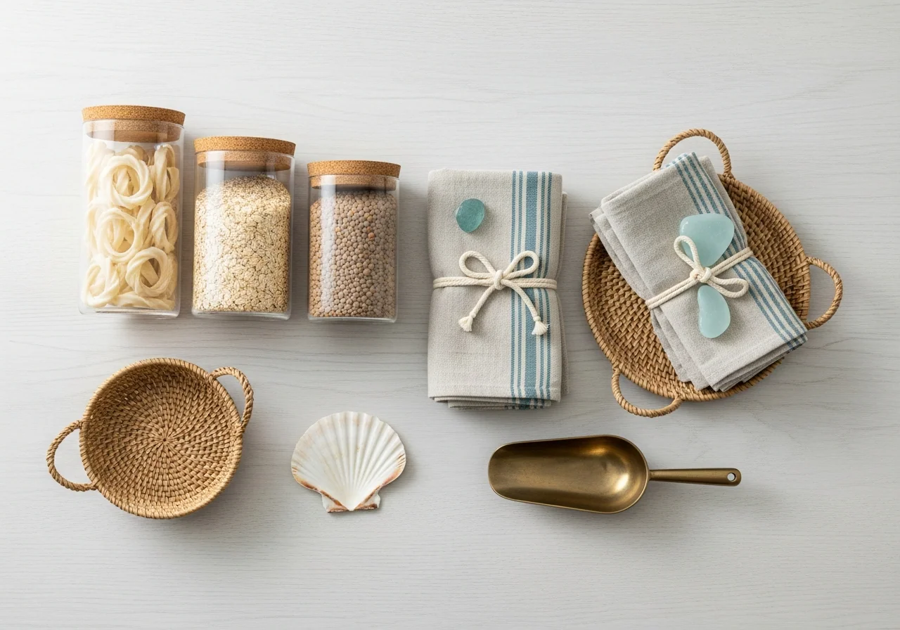 Beautifully organised pale-timber pantry with neatly labelled glass jars, woven seagrass baskets and folded linen — quiet domestic order.