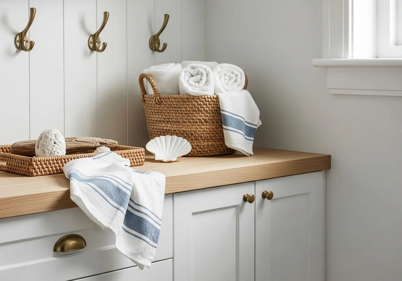 Hamptons-style laundry corner: white shaker cabinetry, a folded oatmeal linen apron on a brass hook, a small woven basket of pegs and eucalyptus.