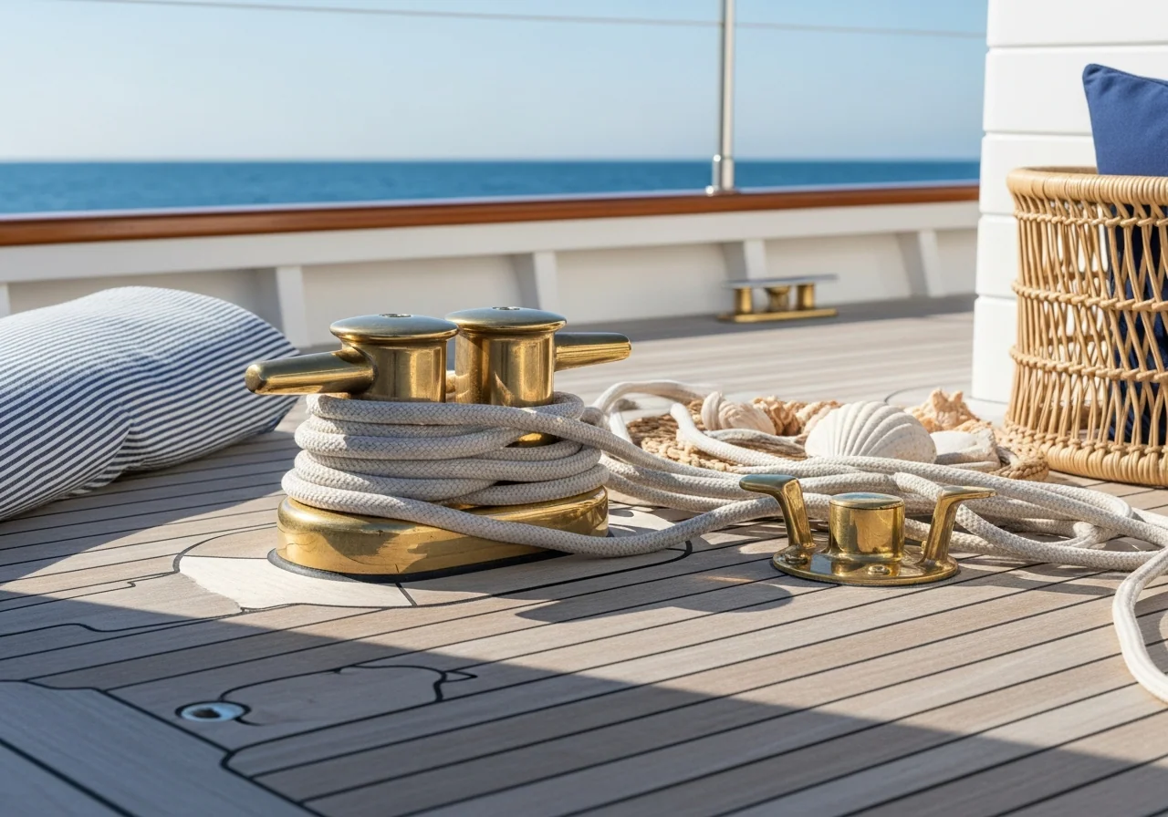 Coiled cream sailing rope, polished brass cleat and weathered teak deck planks at golden hour with a glimpse of open blue ocean.