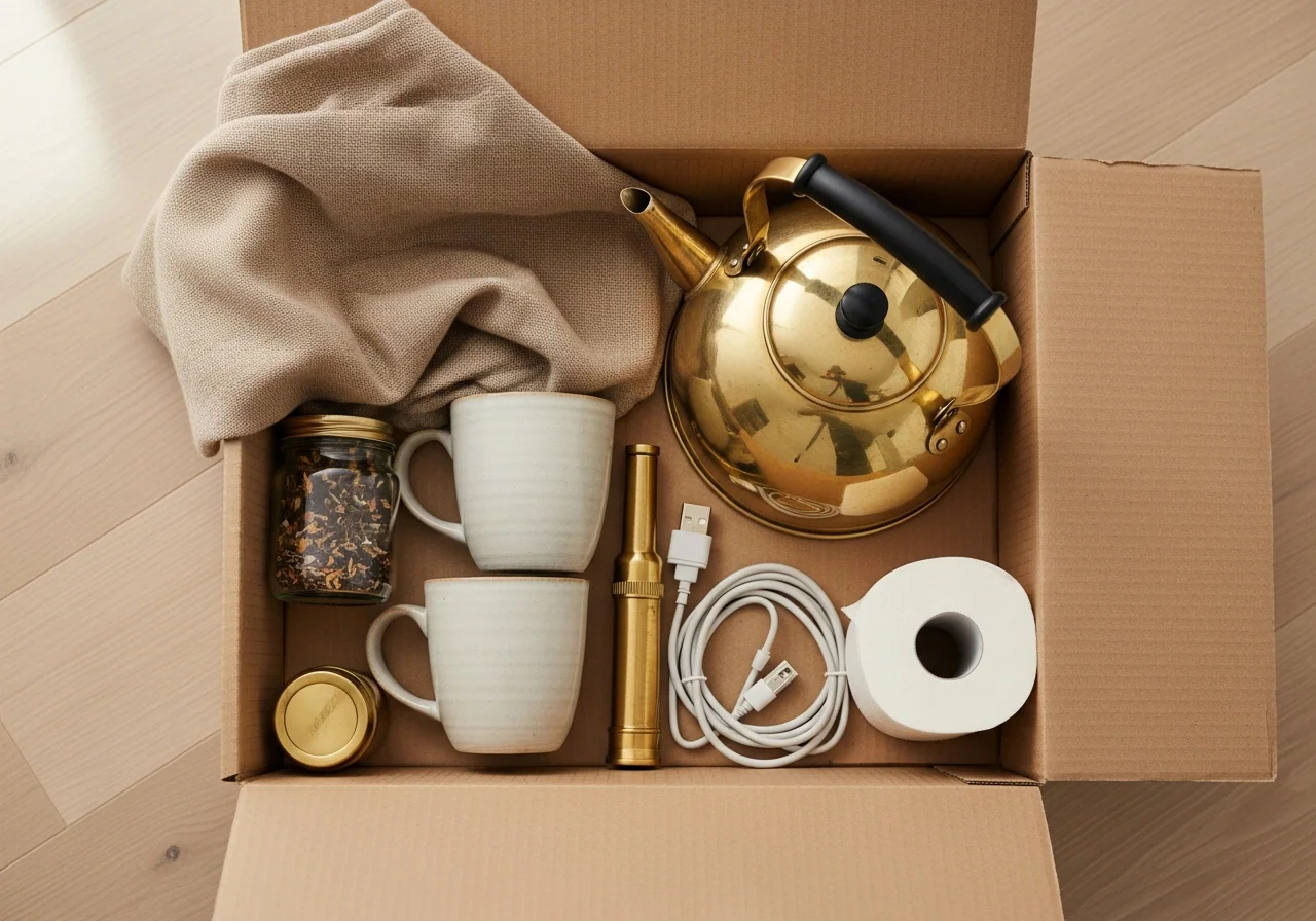 A clearly labelled cardboard 'first night' box on pale oak floors with a folded throw, a kettle and a small mug stack inside.