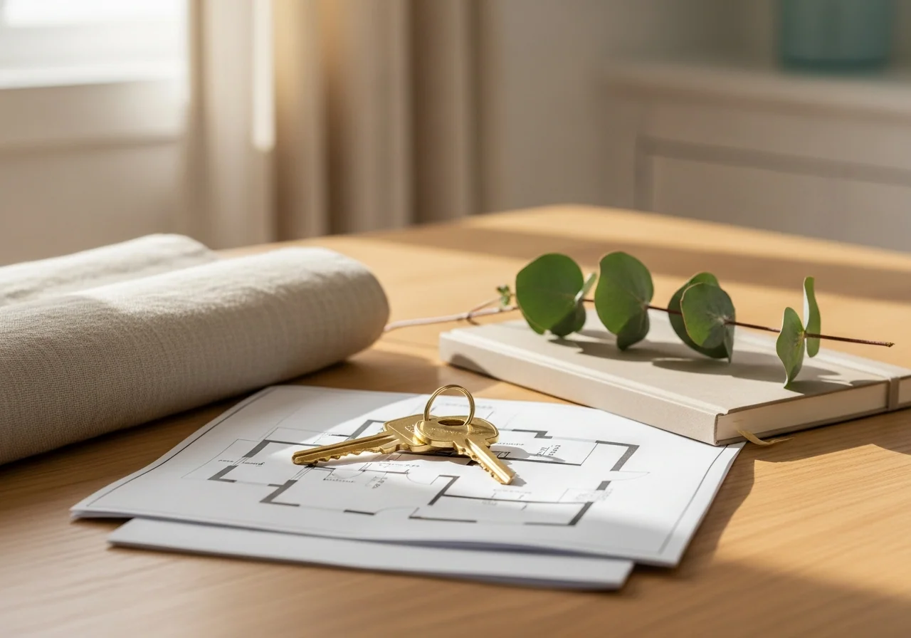 A set of brass house keys resting on a folded paper floorplan beside a small notebook and a sprig of eucalyptus.
