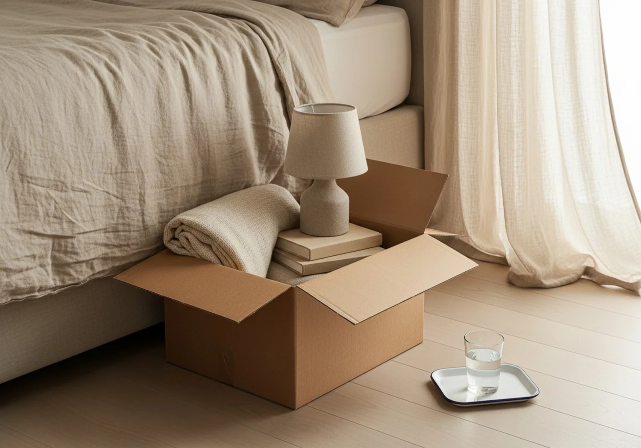 A small settle-in corner of a new home — a pale oak side table, a single brass lamp, a folded oatmeal throw on a cream linen chair.