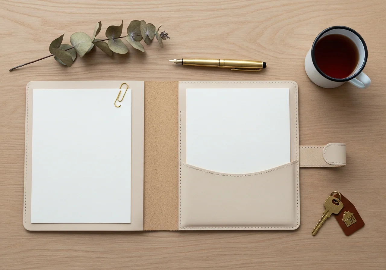 A leather-bound utilities folder open on a pale oak desk with a brass clip, fountain pen and pages tabbed for electricity, gas and internet.