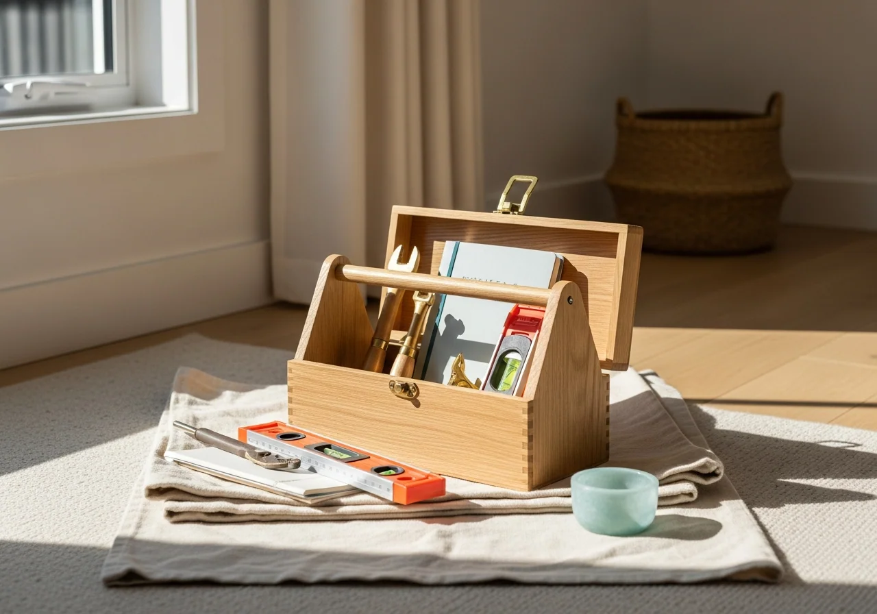 An open wooden toolbox on a folded drop cloth in a sunlit room — brass-handled tools, a spirit level and a folded warranty notebook — the practical first kit for a new home properly set up.