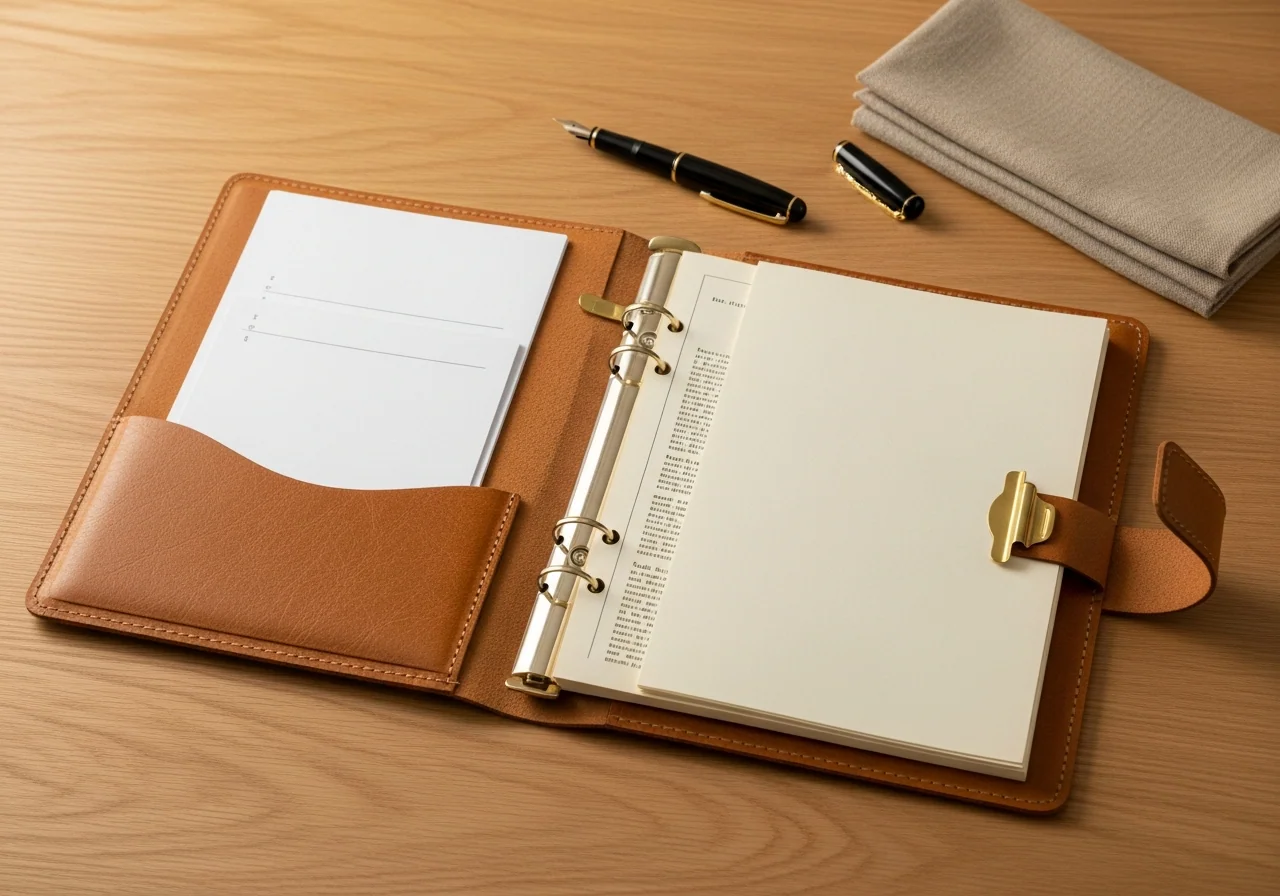 An open leather-bound document folder on a pale oak desk with a brass clip and fountain pen — household identity documents in one findable folio.