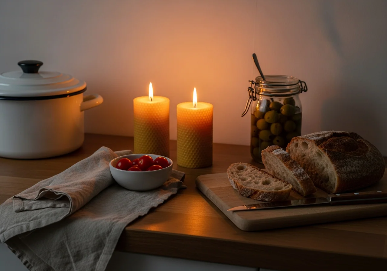 A kitchen bench with two beeswax candles, an enamel pot, sliced sourdough, olives and cherry tomatoes — a no-cook meal during a power outage.