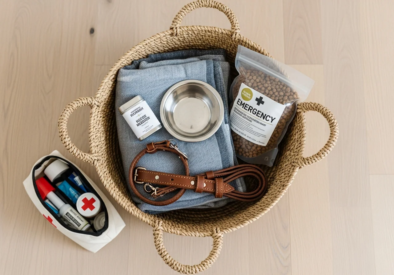 A woven seagrass basket with a folded blanket, leather collar, stainless bowl, sealed food bag and medication tin — a pet emergency kit kept ready by the door.