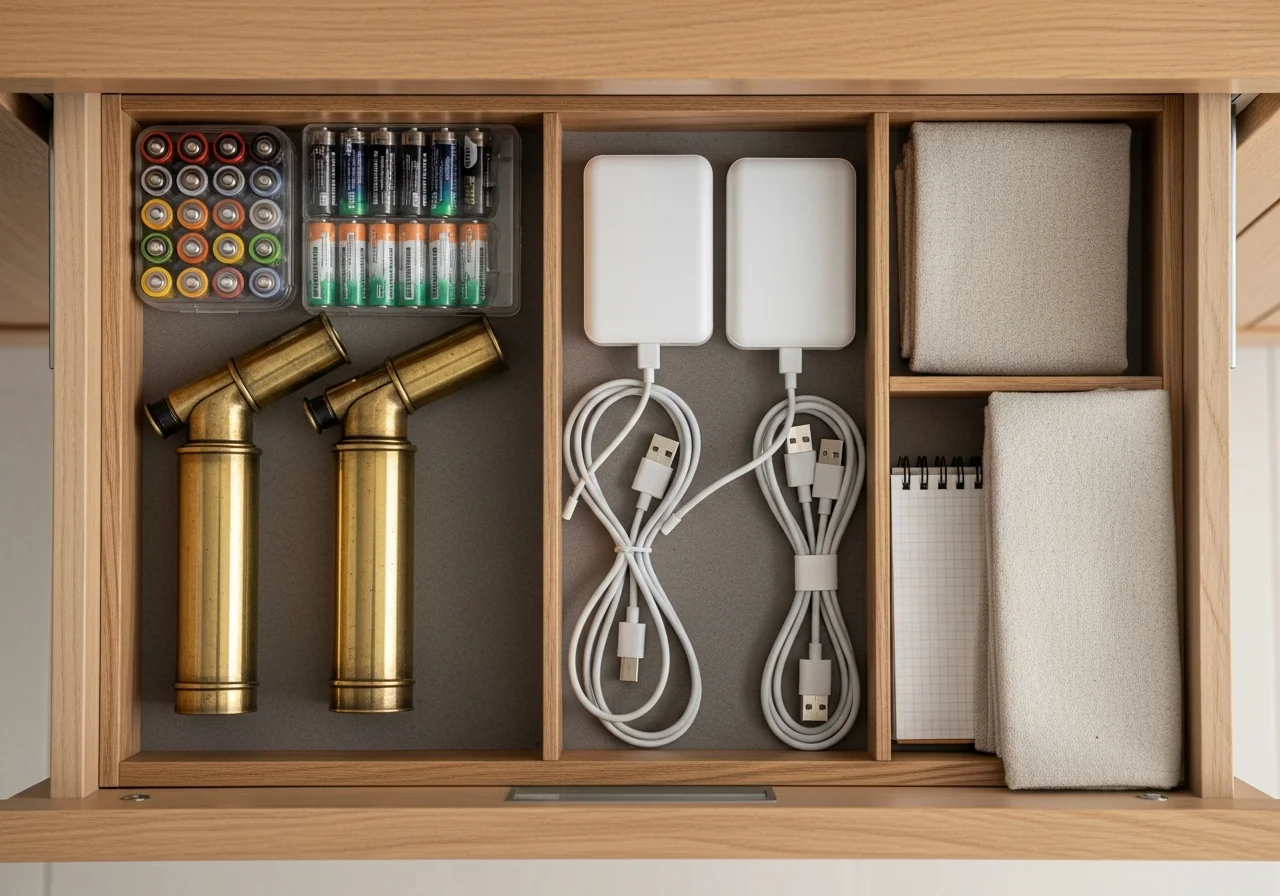 A top-down drawer scene with two brass torches, batteries in cases and two power banks with USB cables — the household torch drawer ready when the lights go out.