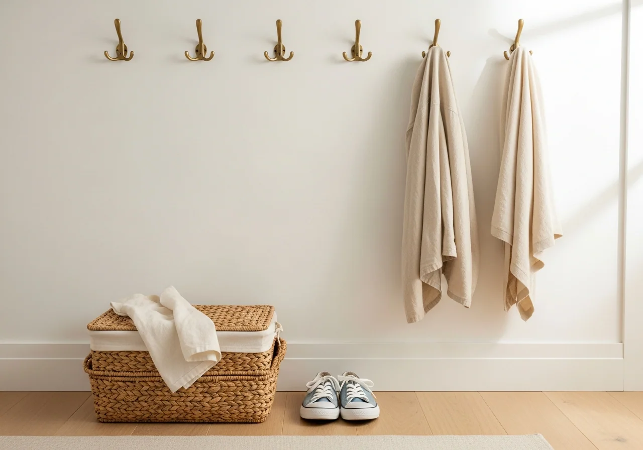 An organised entryway with brushed brass coat hooks, a woven seagrass basket and a pair of canvas shoes neatly placed on pale oak.