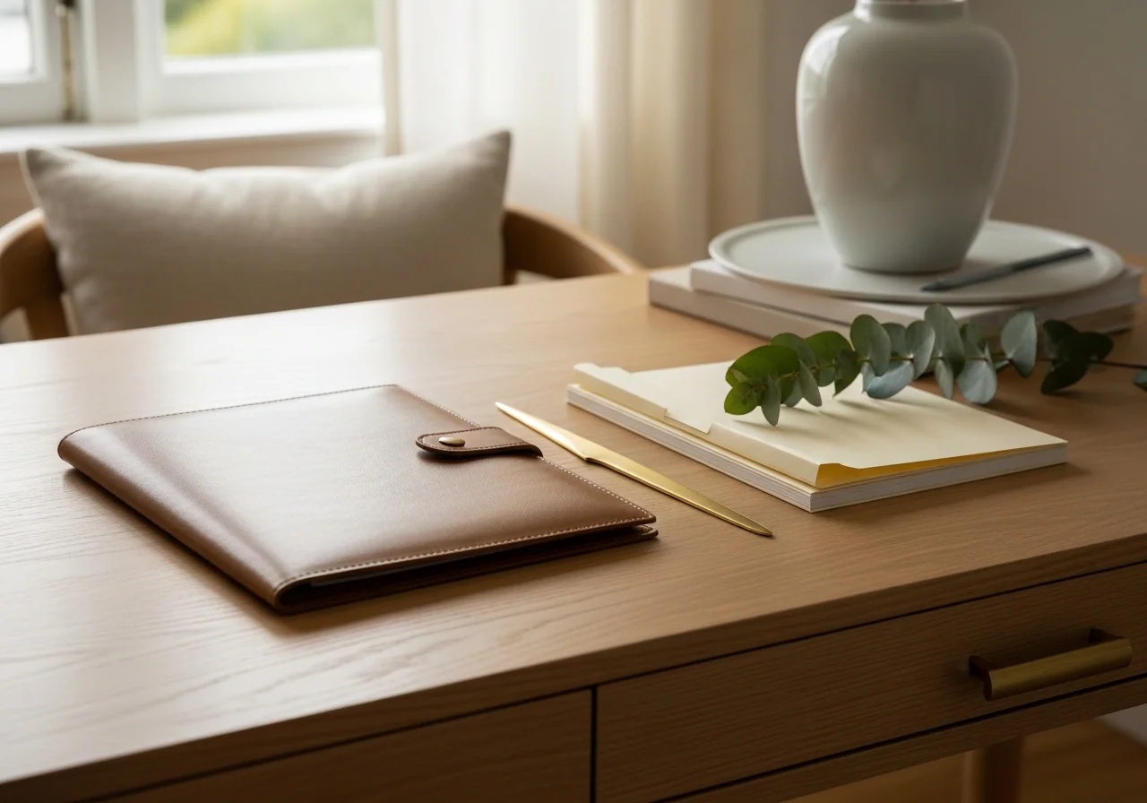 A pale oak desk with a leather-bound document folio, a brass letter opener, a stack of cream paper folders and a sprig of eucalyptus — household admin and important documents kept in order.