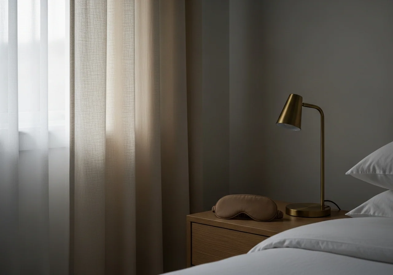 A clear, dim bedroom with cream linen blackout curtains drawn, a folded oatmeal sleep mask on a pale oak bedside table and a small brass lamp — a sleep zone protected through a working shift roster.